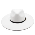 Classic white wool wide brim fedora hat with black leather band and gold buckle detail - White