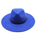 Detail of royal blue wool wide brim fedora with black leather band and gold buckle - Sapphire Blue