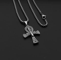 Silver stainless steel Ankh pendant necklace with intricate insect engraving on round box chain - Ankh Dragonfly + Stainless Steel Chain