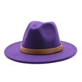 Close-up of purple wool fedora hat with brown leather band and gold metal stud detail - M (56-58cm) / Purple