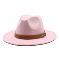 Pink wool fedora hat with brown leather band and gold buckle on a clean white background - M (56-58cm) / Pink