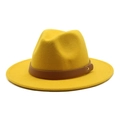 Detail of yellow wool fedora hat with brown leather band and gold metal hardware - M (56-58cm) / Yellow