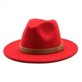 Detail of red fedora hat featuring a brown leather band and gold metallic stud detail - M (56-58cm) / Red