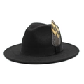 Detail of a black wool fedora featuring a classic ribbon band and a striped accent feather - M (56-58cm) / Black