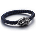 Braided black leather bracelet with blue stitching and a detailed metal lion head clasp - Silver Lion Head Black With Blue Stitching Style (KB84638-BD)
