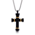 Industrial black cross necklace with gold rings and silver chain on white background - Black (KN89616-K)