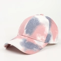 Detail van meerkleurige tie-dye baseballpet met roze en blauw waterverfpatroon - Verstelbaar / Oudroze Grijs Tie-dye