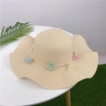 Elegant wide-brimmed straw beach hat for women decorated with colorful lace flower wreath - M (56-58cm) / Beige