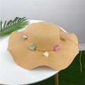 Summer straw beach hat with colorful floral accents and wide wavy brim for sun protection - M (56-58cm) / Khaki