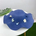 Dark blue wide brim straw hat with decorative mesh flowers and sparkling crystals - M (56-58cm) / Navy Blue