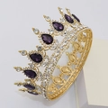 Detail of golden Baroque bridal crown featuring purple teardrop crystals and clear rhinestones - Gold Base + Dark Purple