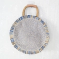 Circular straw bag with beige and blue weaving, fringe edges and brown leather handle - With Lining / Blue