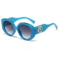 Electric blue wide-frame sunglasses with gold S logo and dark grey gradient lenses - Light Blue Frame Grey Lens