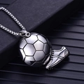 Detailed view of stainless steel soccer ball and cleat pendant on a silver box chain - Football & Shoe + Stainless Steel Chain