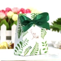 European wedding favor box with green leaf pattern and dark green satin ribbon bow - 8*4*10cm / Cyan Years (White and Green Leaves)