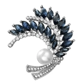 Exquisite silver feather brooch with blue zircon petals and a large white imitation pearl - Silver & Blue