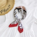 Elegant geometric square silk scarf with navy V-lines and red color block design - Quad Shapes Red Border