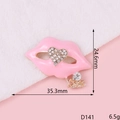 Lip-shaped rhinestone heart brooch with KISS pendant, dimensions 35.3mm by 24.6mm - Pink Heart Lips (D141)