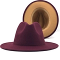 Classic two-tone burgundy and khaki wool felt fedora hat with wide brim design - Wine Red (Camel Lining)
