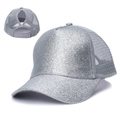 Sparkly silver sequin ponytail baseball cap with breathable mesh and back opening - Silver