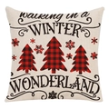 Beige linen Christmas pillowcase with red plaid trees and Winter Wonderland text - Style 16 / 45*45cm (No Core)