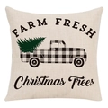 Beige linen Christmas pillow cover with black plaid truck and green tree pattern - Style 9 / 45*45cm (No Core)