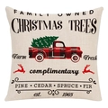 Close-up of linen blend Christmas cushion cover featuring vintage tree farm typography - Style 14 / 45*45cm (No Core)