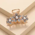 Elegant gold-tone hair claw clip with grey marble flowers and white pearl centers - Medium / Gray