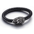 Braided black leather bracelet with a detailed silver-colored lion head metal buckle - Silver Lion Head Pure Black Braided Style (KB84640-BD)