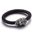 Men's punk woven leather bracelet with red accents and vintage steel lion head charm - Silver Lion Head Black With Red Stitching Style (KB84639-BD)