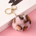 Pink leopard print faux rabbit fur ball keychain with gold-plated metal hardware - Elastic Band (No Hardware) / Leopard 60 Pink