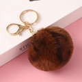 Brown faux rabbit fur pompom keychain with golden metal clasp and chain accessory - Elastic Band (No Hardware) / Leopard 24 Caramel