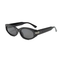 Glossy black oval cat-eye sunglasses with dark grey lenses and silver metal trim - Black Frame Grey Lens