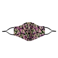 Close-up of vibrant sequin mask with colorful triangle patterns and adjustable ear loops - Gold Rose Iridescent