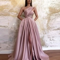Elegant mauve one-shoulder satin evening gown with lace inserts and high side slit - L / Dress (1604) / Pink