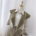Green and beige striped knitted shawl vest for women with a stylish V-neck layer - Knitted Pointed Striped Green