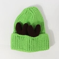 Winter grass green knit beanie with dark brown reindeer antler accents and folded brim - Elastic (56-60cm) / Green