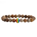 Detailopname van natuurlijke tijgeroog kralen en een kleurrijke regenboogkraal op armband - Jaspis