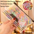Pack of 500 thick elastic colorful hair ties for girls in bird-patterned zipper bag - 500Pcs/Thickened / Spring Colors