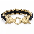 Men's braided leather bracelet with twin golden wolf heads and stainless steel chain - Gold Wolf Head Style (KB46716-D)
