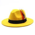 Detail of bright yellow wool fedora hat with black band and colorful decorative feathers - M (56-58cm) / Yellow
