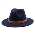 Detail of navy wool fedora hat featuring a brown leather band with contrast stitching - Navy Blue