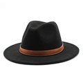 Close-up of black fedora hat with brown leather band and white contrast stitching - M (56-58cm) / Black