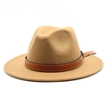 Detail of camel wool fedora hat featuring a brown leather band with fine stitching - Camel