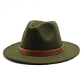 Detail of dark olive wool fedora hat featuring a brown leather band and white stitching - Army Green