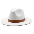 Classic white wool felt fedora hat with a brown leather band and wide flat brim - White