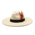 Beige wool jazz fedora hat with black decorative ribbon and stylish colorful feathers - M (56-59cm) / Beige