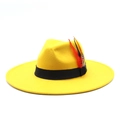 Detail of a bright yellow wide-brim wool fedora hat with black band and colorful feathers - M (56-59cm) / Yellow