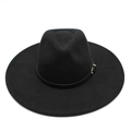Detail of classic black wool felt wide brim fedora with leather band and gold buckle - Black