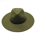 Detail of army green wool fedora hat featuring black leather band and gold metal buckle - Army Green
